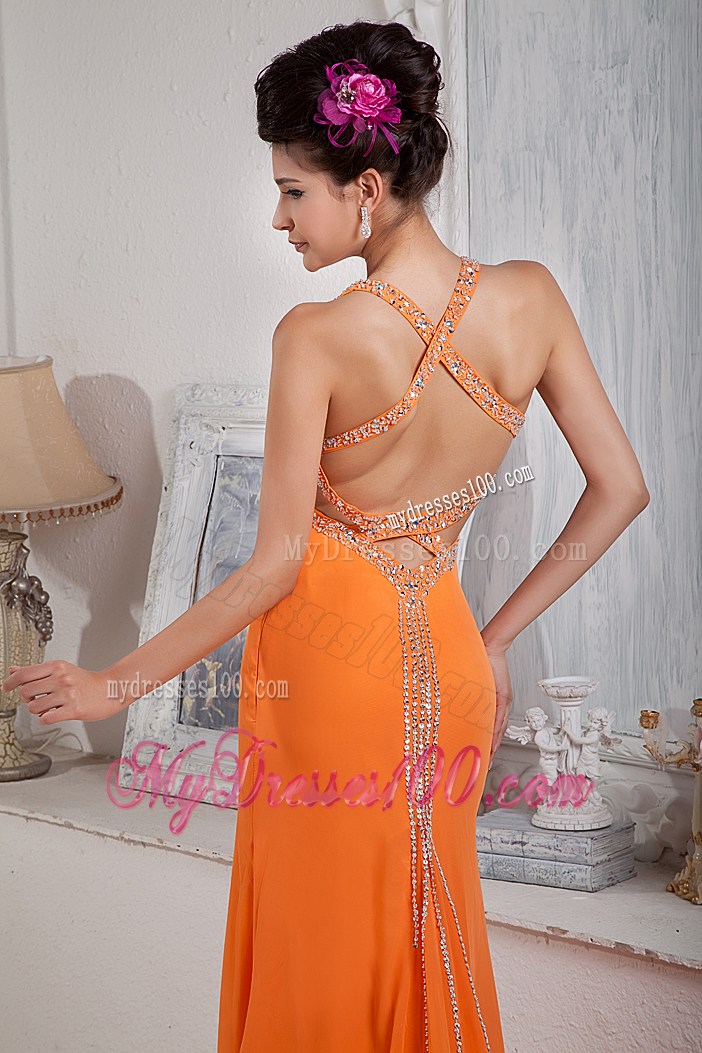 Beaded Orange Chiffon Brush Train Prom Dress with Cut Out Waist and Back