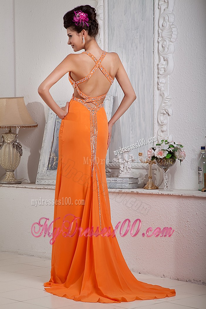 Beaded Orange Chiffon Brush Train Prom Dress with Cut Out Waist and Back