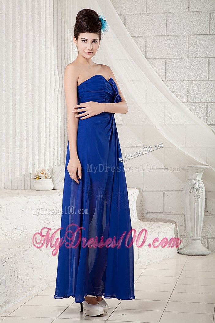 Hand-made Flowers and High Slit Accent On Ankle-length Royal Blue Prom Gown