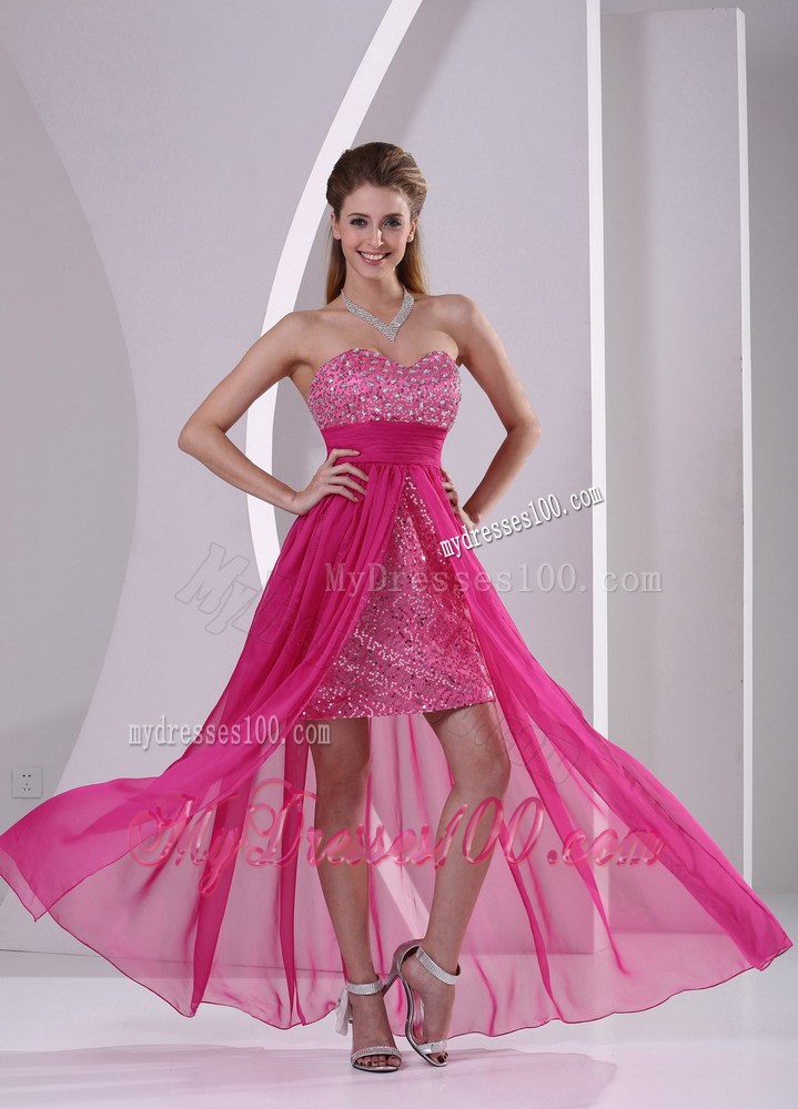 High-low Floor-length Paillette Chiffon Prom Dresses in Hot Pink