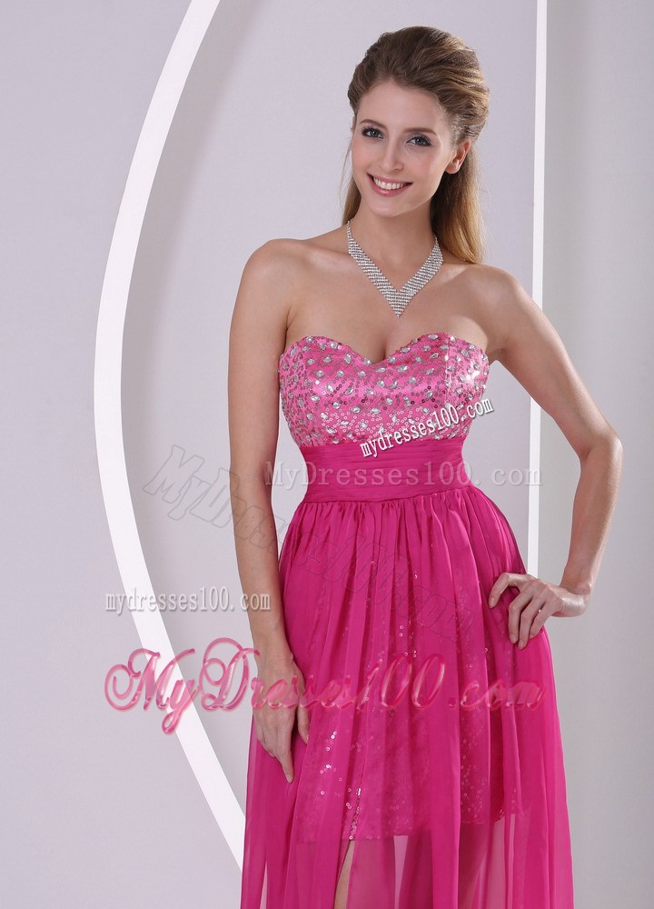 High-low Floor-length Paillette Chiffon Prom Dresses in Hot Pink