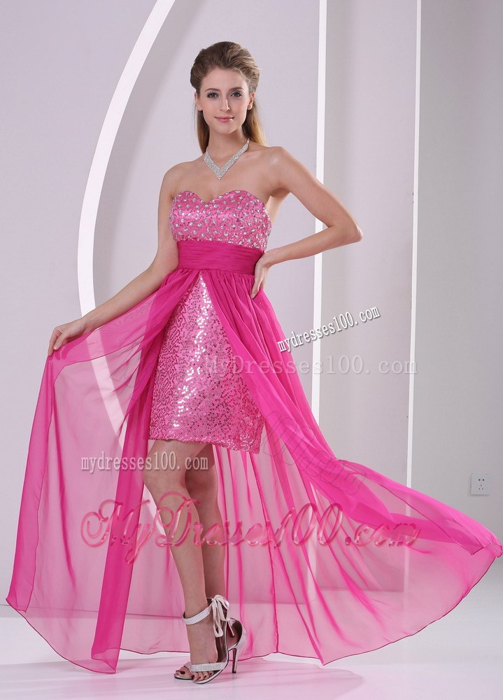 High-low Floor-length Paillette Chiffon Prom Dresses in Hot Pink