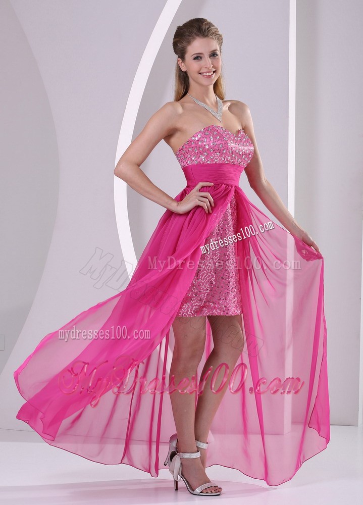 High-low Floor-length Paillette Chiffon Prom Dresses in Hot Pink