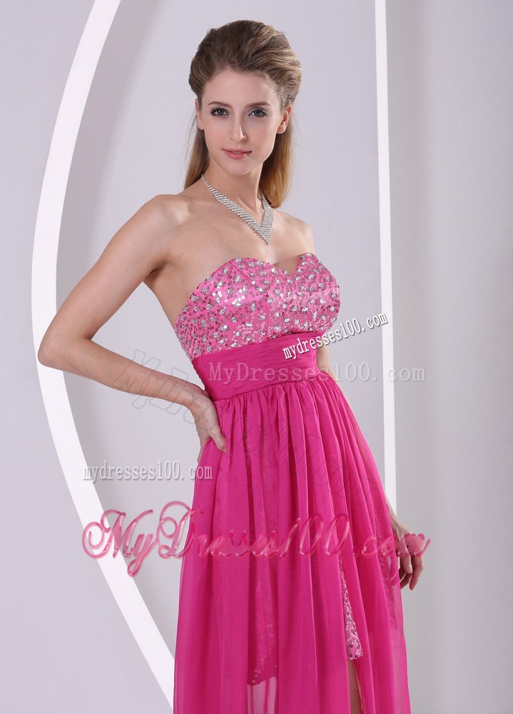 High-low Floor-length Paillette Chiffon Prom Dresses in Hot Pink