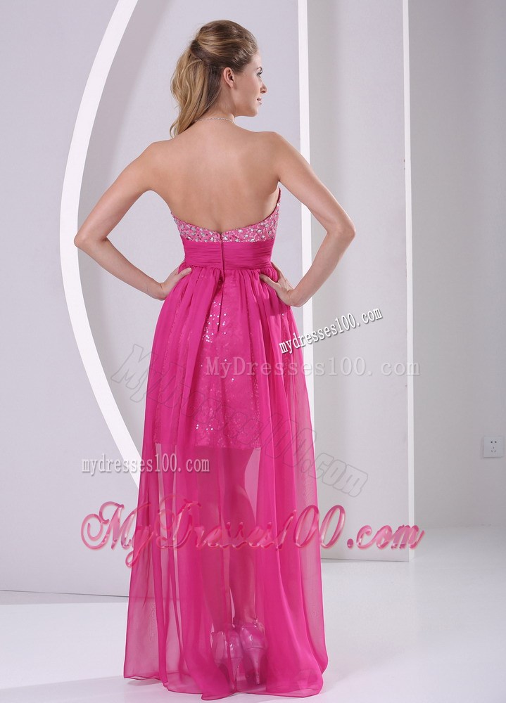 High-low Floor-length Paillette Chiffon Prom Dresses in Hot Pink