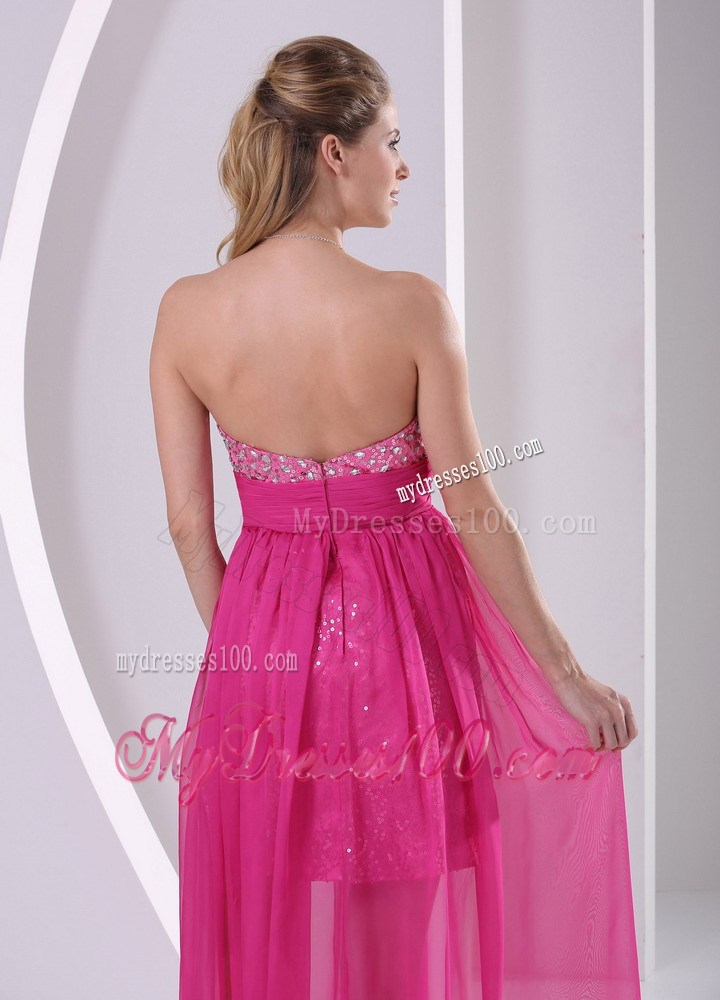 High-low Floor-length Paillette Chiffon Prom Dresses in Hot Pink