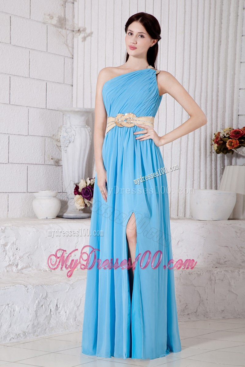 Aqua Blue Empire One Shoulder Prom party Dress with Light Yellow Belt
