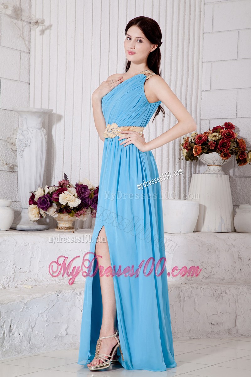 Aqua Blue Empire One Shoulder Prom party Dress with Light Yellow Belt