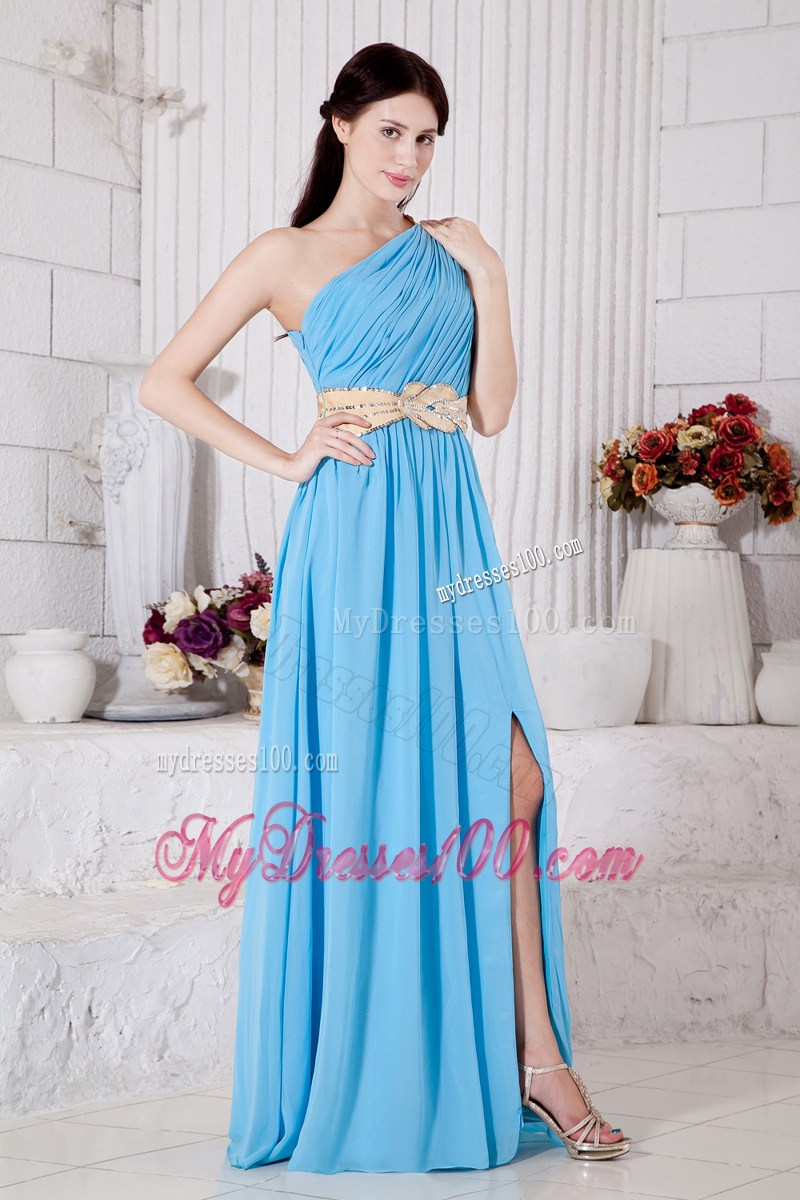 Aqua Blue Empire One Shoulder Prom party Dress with Light Yellow Belt