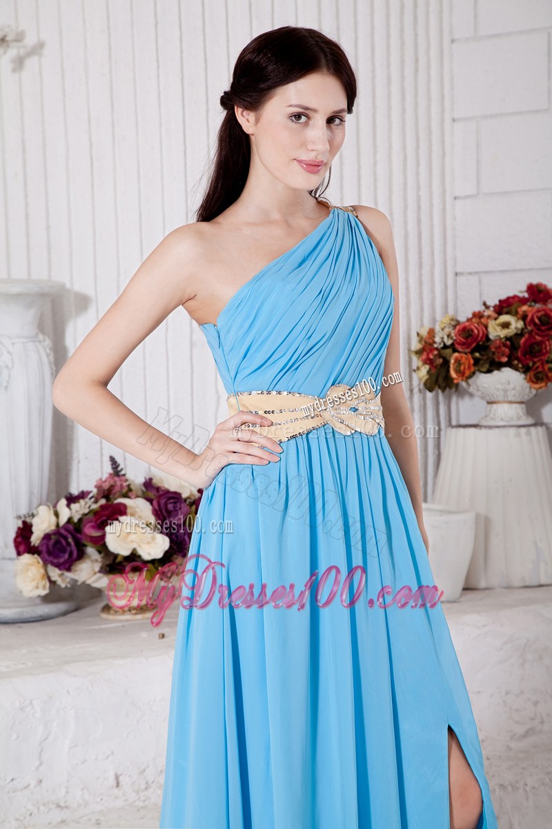 Aqua Blue Empire One Shoulder Prom party Dress with Light Yellow Belt