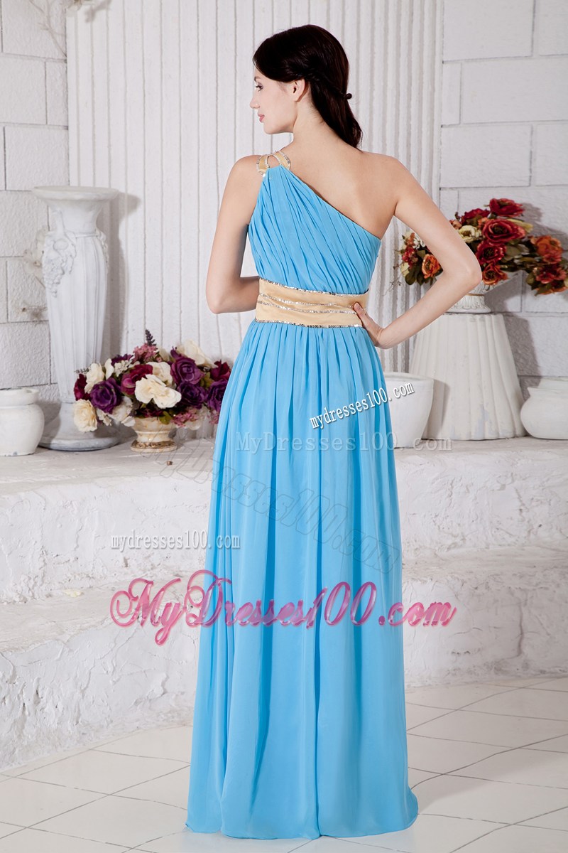 Aqua Blue Empire One Shoulder Prom party Dress with Light Yellow Belt