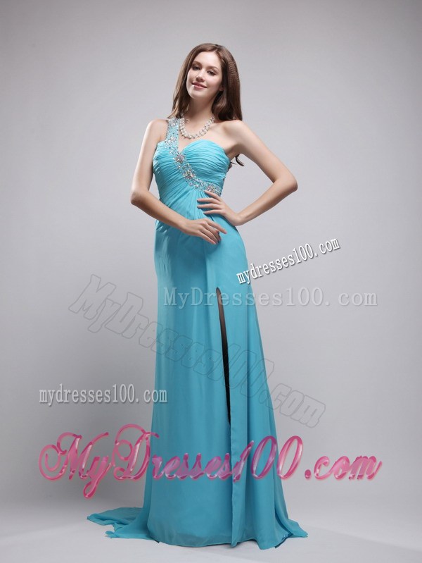 Aqua Blue Column One Shoulder Watteau Train Chiffon Beaded Prom Gown