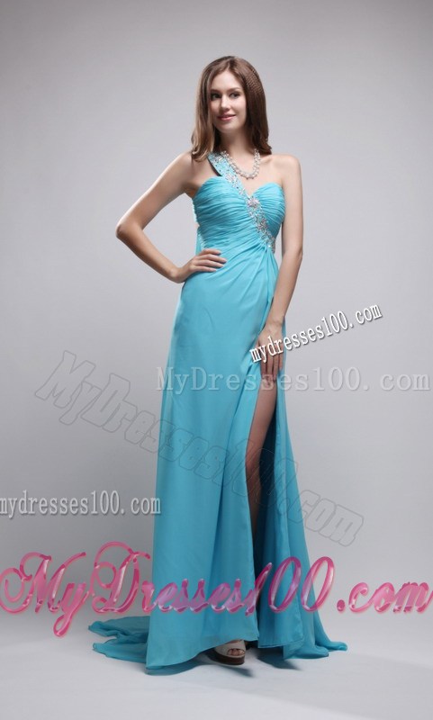 Aqua Blue Column One Shoulder Watteau Train Chiffon Beaded Prom Gown