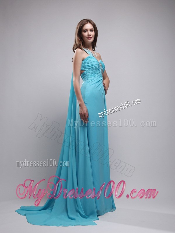 Aqua Blue Column One Shoulder Watteau Train Chiffon Beaded Prom Gown