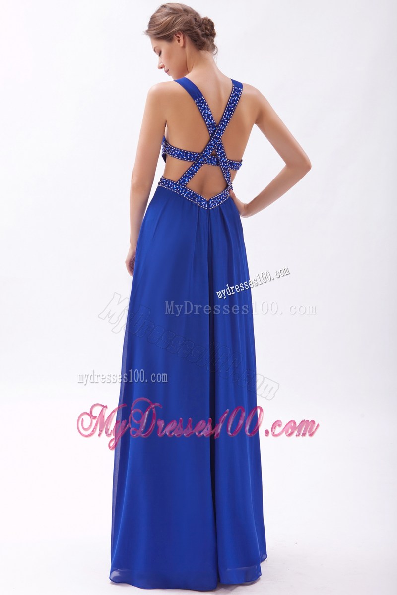 Straps Royal Blue High Slit Beaded Prom Gown Dress with Back Out