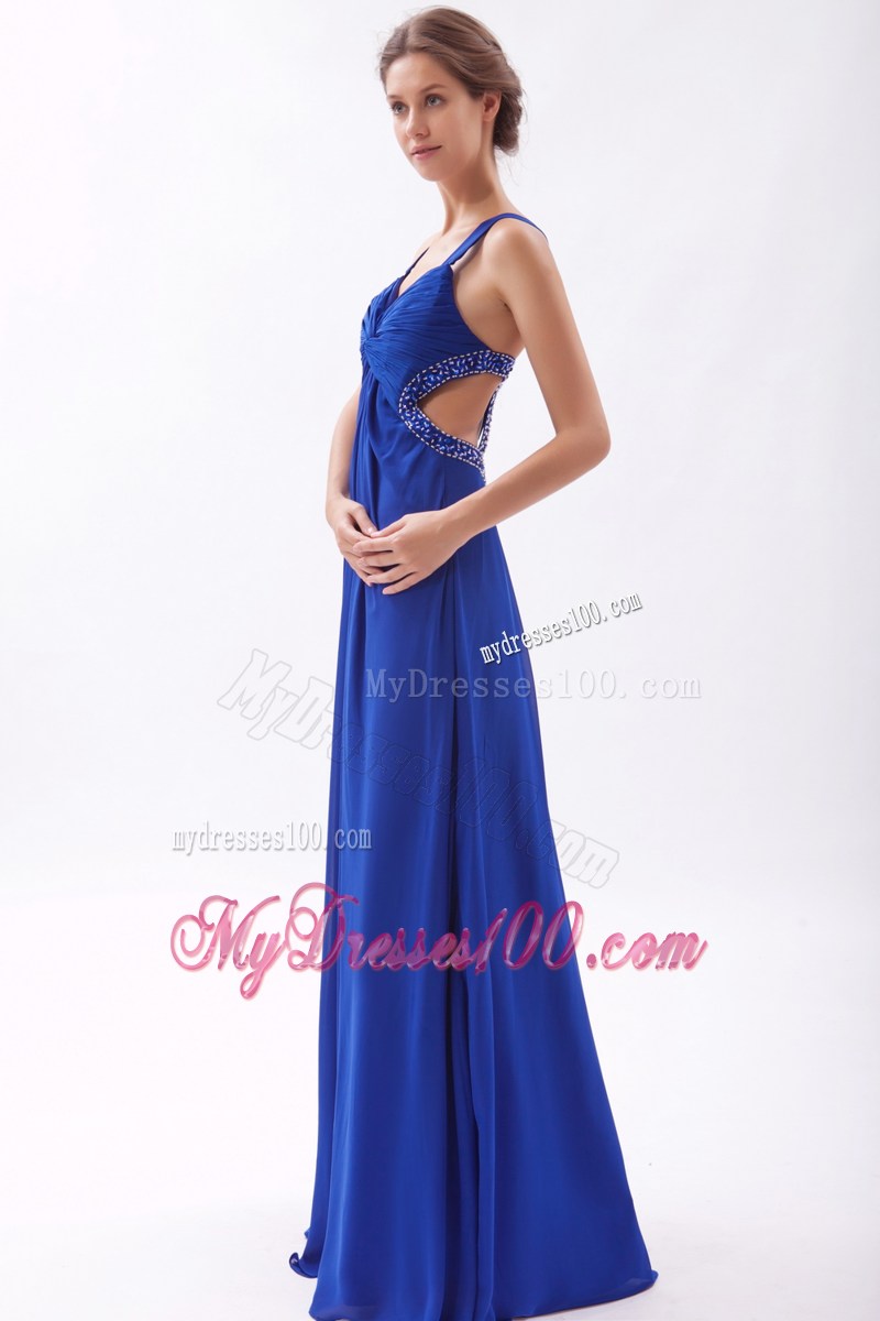 Straps Royal Blue High Slit Beaded Prom Gown Dress with Back Out