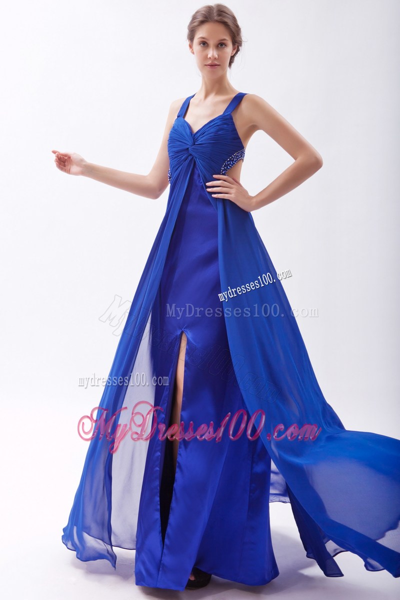 Straps Royal Blue High Slit Beaded Prom Gown Dress with Back Out