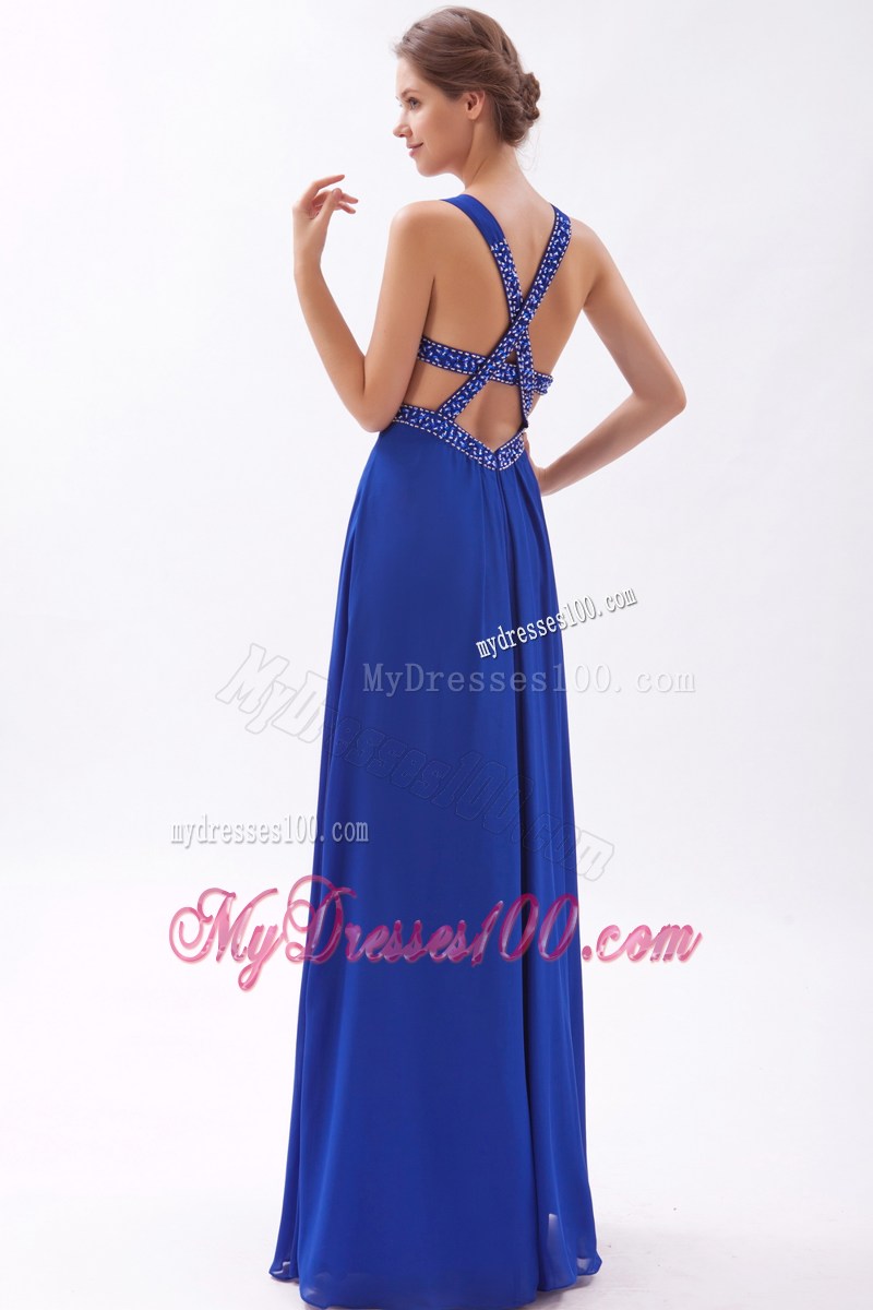 Straps Royal Blue High Slit Beaded Prom Gown Dress with Back Out