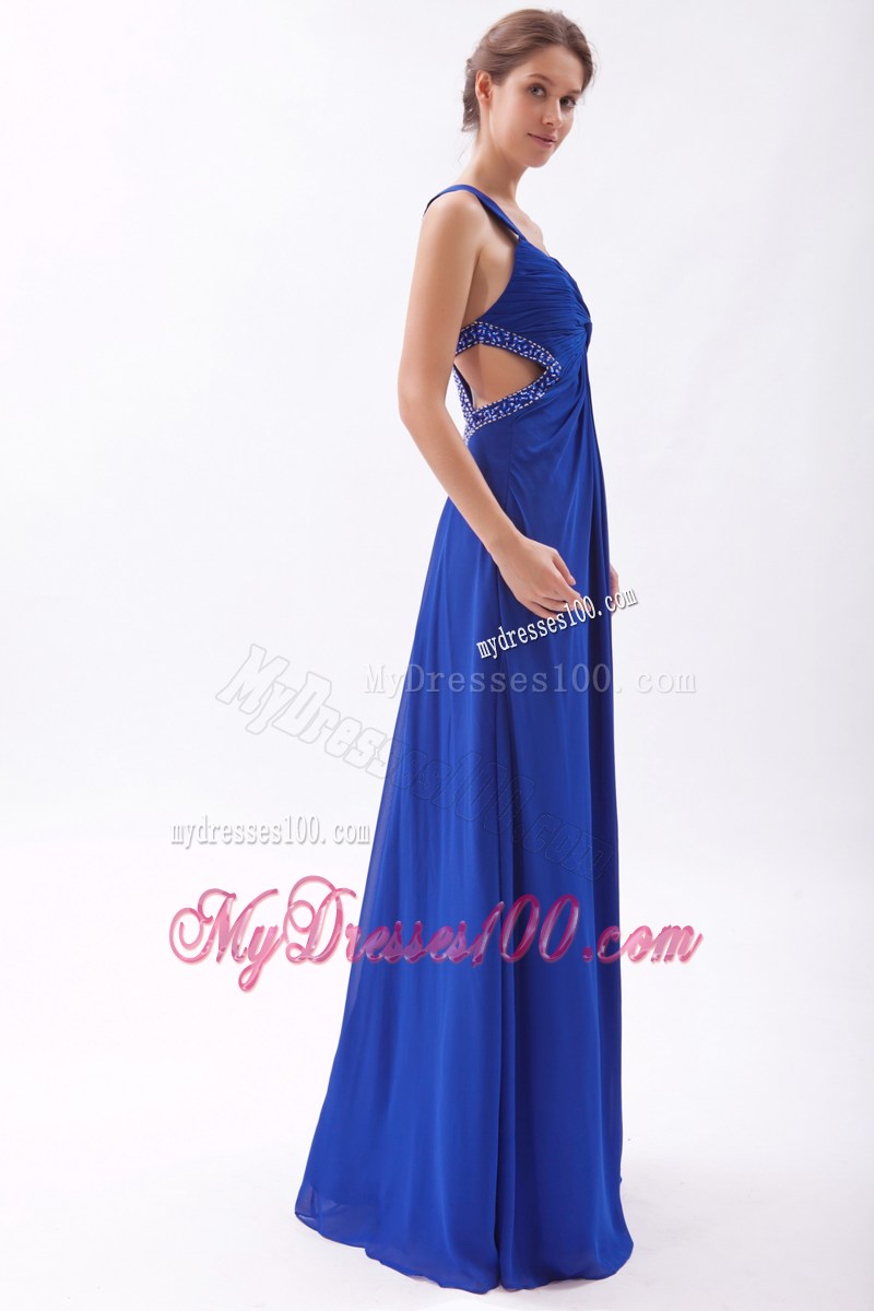 Straps Royal Blue High Slit Beaded Prom Gown Dress with Back Out