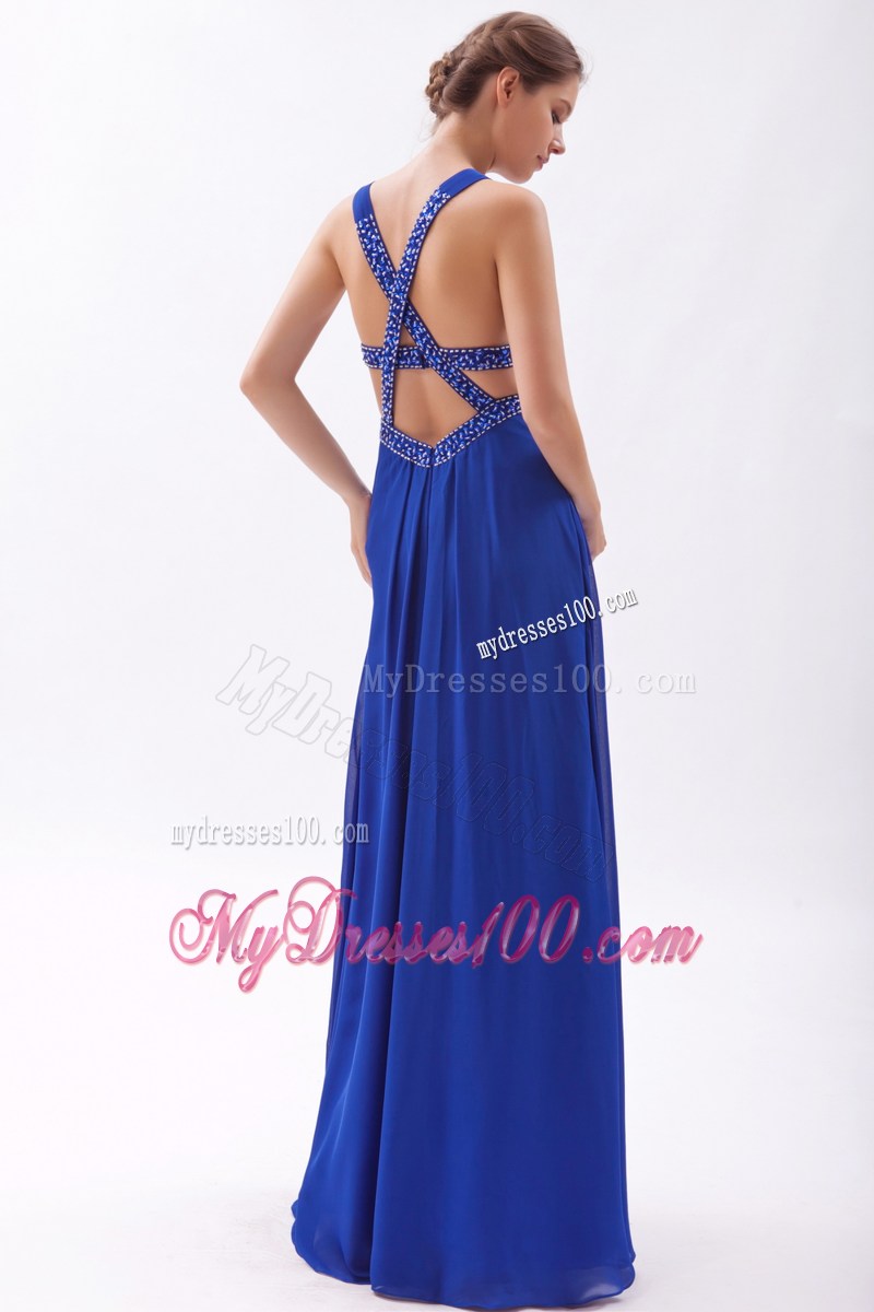 Straps Royal Blue High Slit Beaded Prom Gown Dress with Back Out