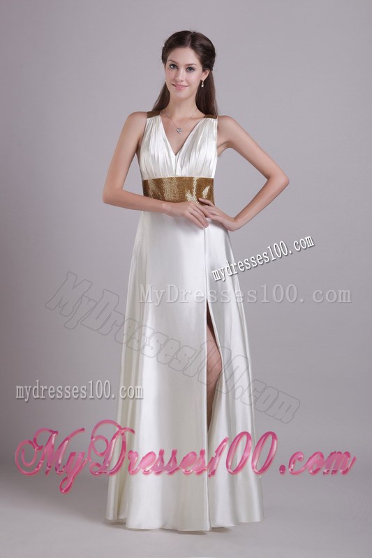 Pearl White Floor-length Prom Dress with Side Slit and Ciss-Cross Back