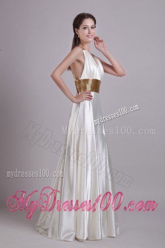 Pearl White Floor-length Prom Dress with Side Slit and Ciss-Cross Back