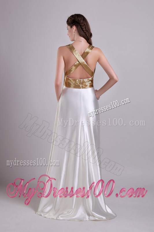 Pearl White Floor-length Prom Dress with Side Slit and Ciss-Cross Back