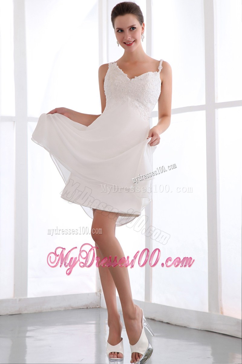 Mini-length Spaghetti Straps A-line Prom Dress with Appliques in White