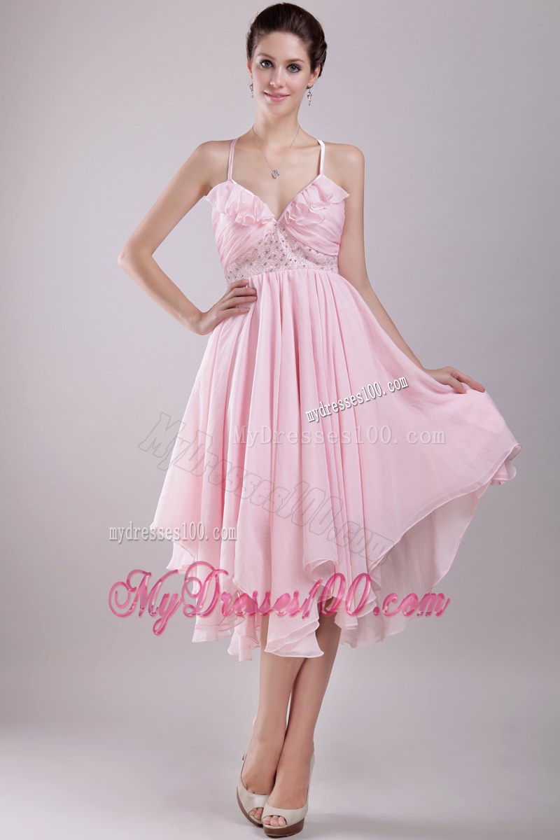 Halter and Flounce Accent Baby Pink Prom Gown with Asymmetrical Skirt