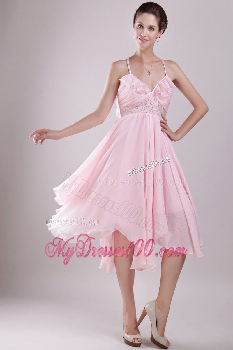 Halter and Flounce Accent Baby Pink Prom Gown with Asymmetrical Skirt