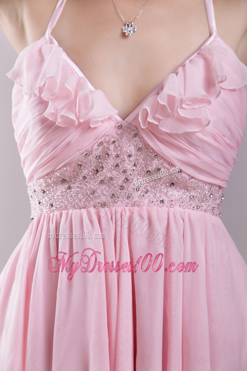 Halter and Flounce Accent Baby Pink Prom Gown with Asymmetrical Skirt