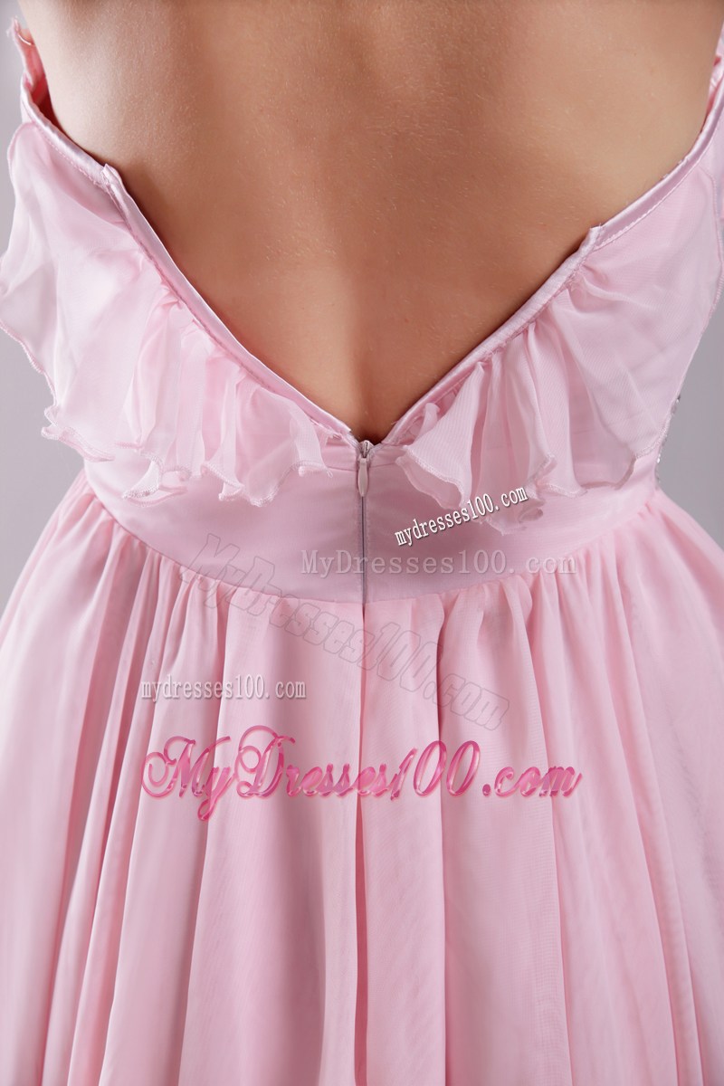 Halter and Flounce Accent Baby Pink Prom Gown with Asymmetrical Skirt