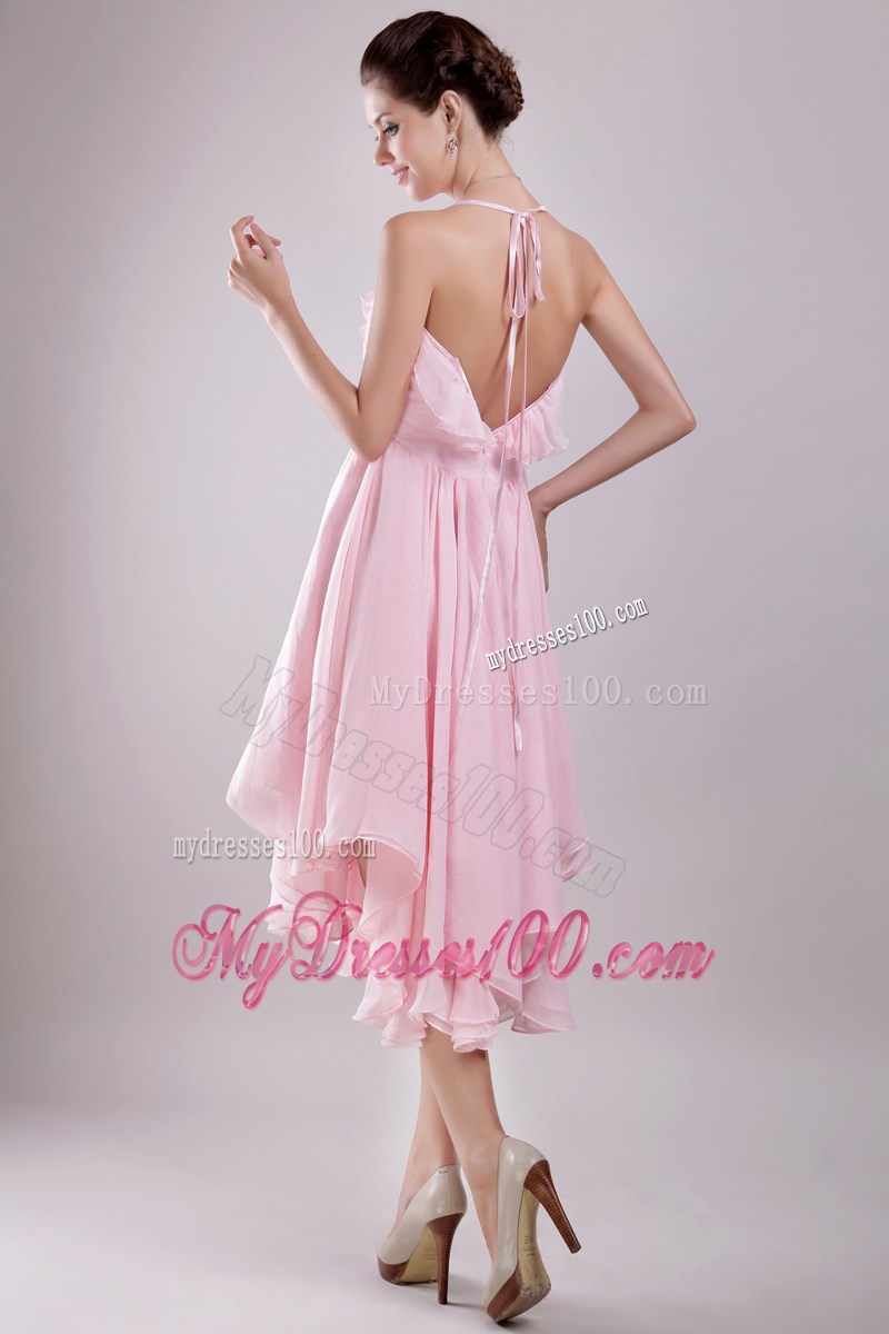 Halter and Flounce Accent Baby Pink Prom Gown with Asymmetrical Skirt