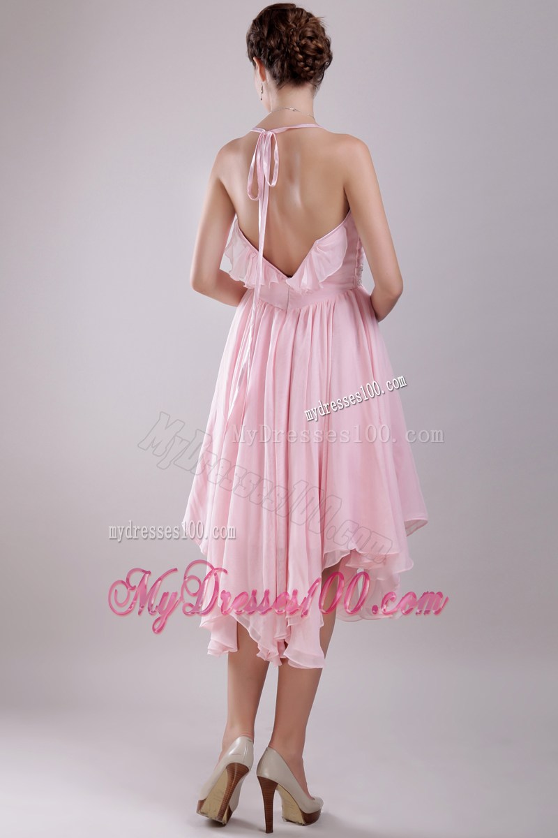 Halter and Flounce Accent Baby Pink Prom Gown with Asymmetrical Skirt