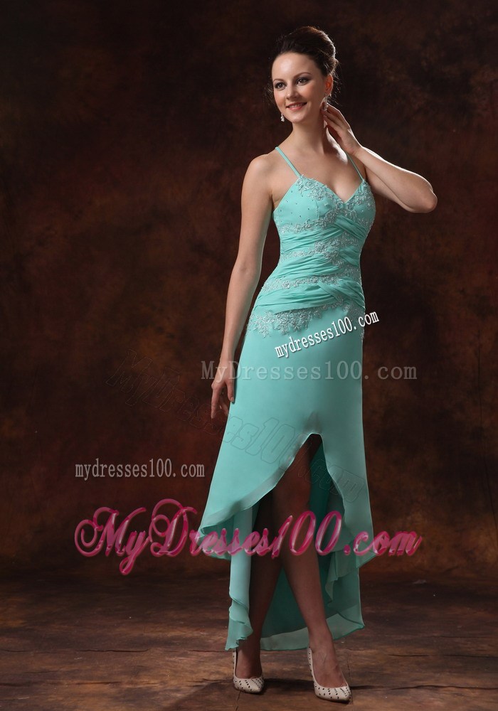 High-low Spaghetti Straps Beaded Dresses for Prom in Apple Green