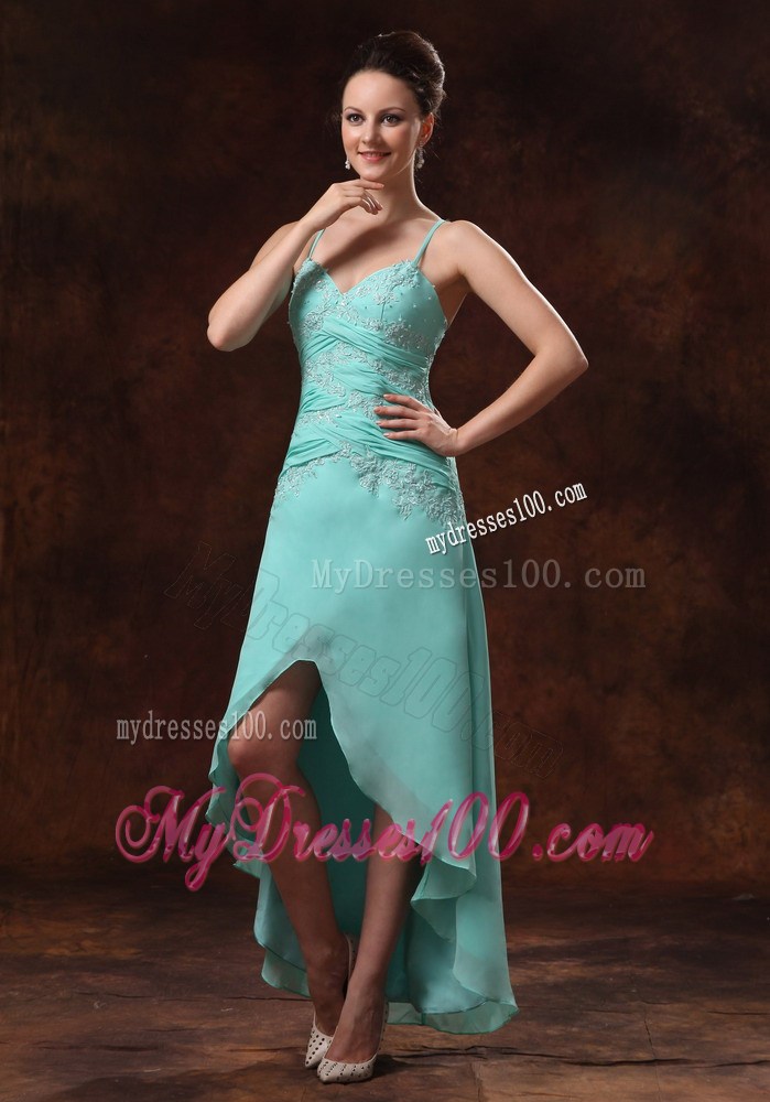 High-low Spaghetti Straps Beaded Dresses for Prom in Apple Green
