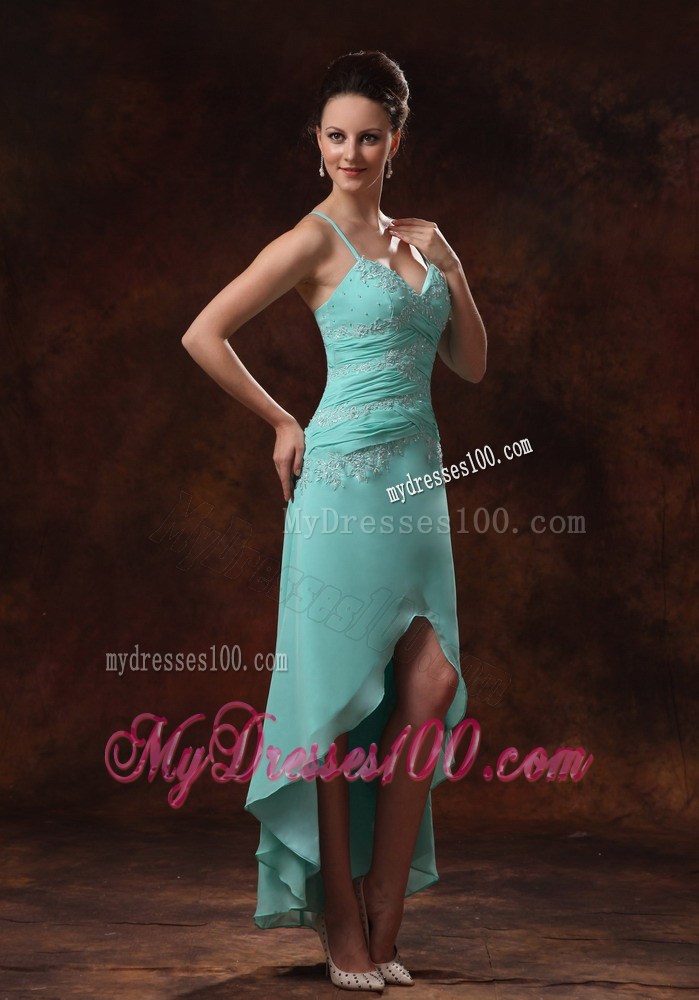 High-low Spaghetti Straps Beaded Dresses for Prom in Apple Green