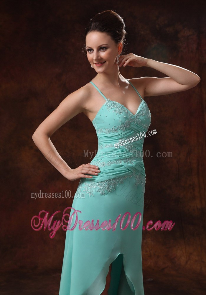 High-low Spaghetti Straps Beaded Dresses for Prom in Apple Green