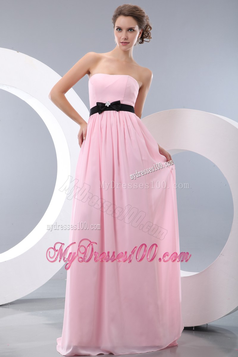Baby Pink Empire Floor-length Prom Dress with Black Bowknot Sash
