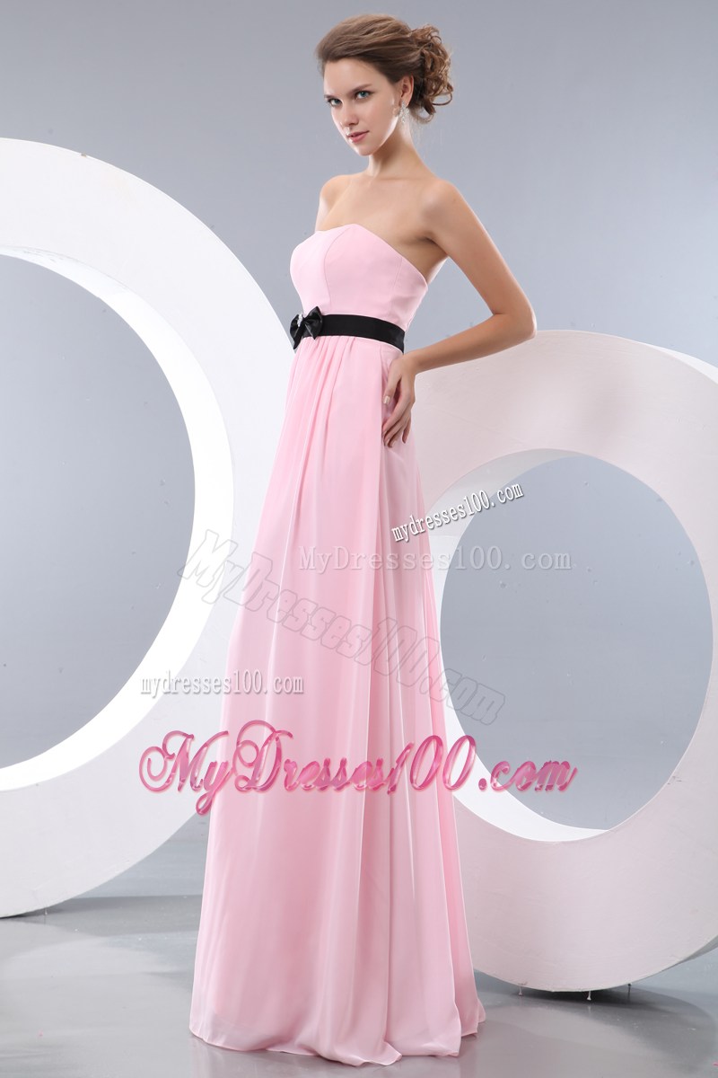 Baby Pink Empire Floor-length Prom Dress with Black Bowknot Sash