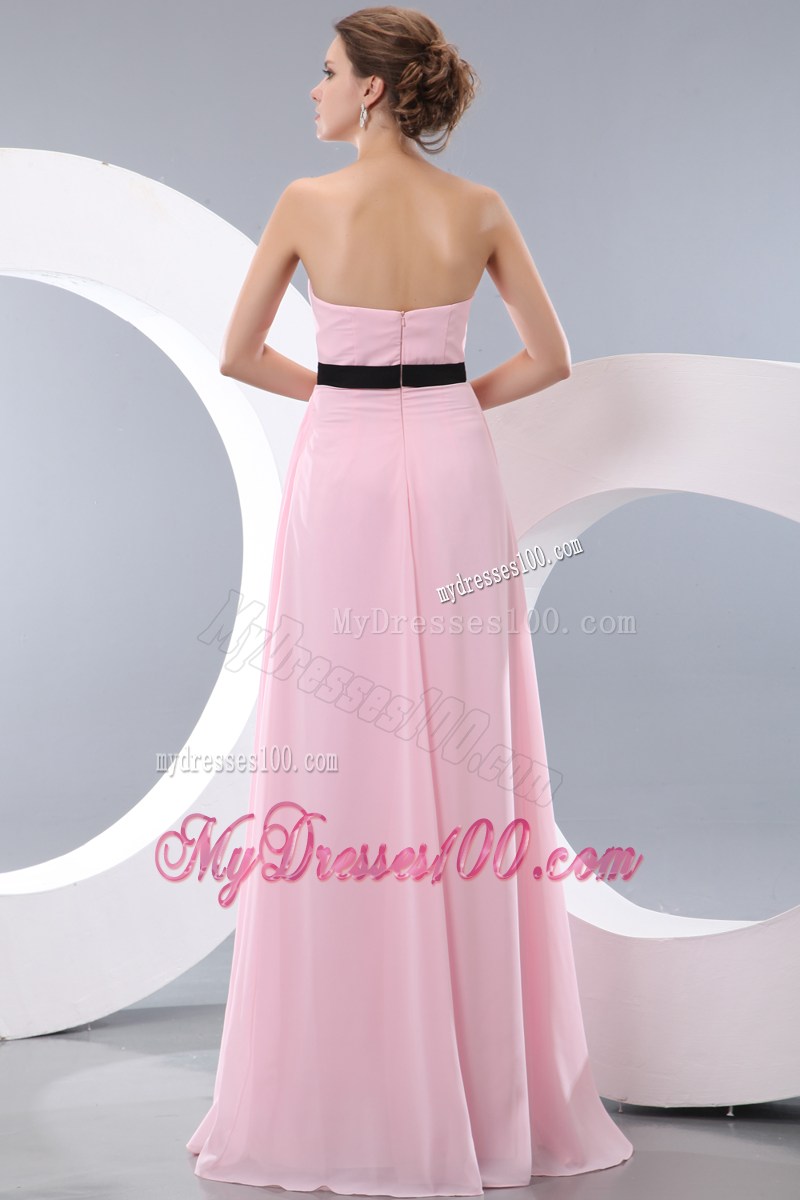 Baby Pink Empire Floor-length Prom Dress with Black Bowknot Sash