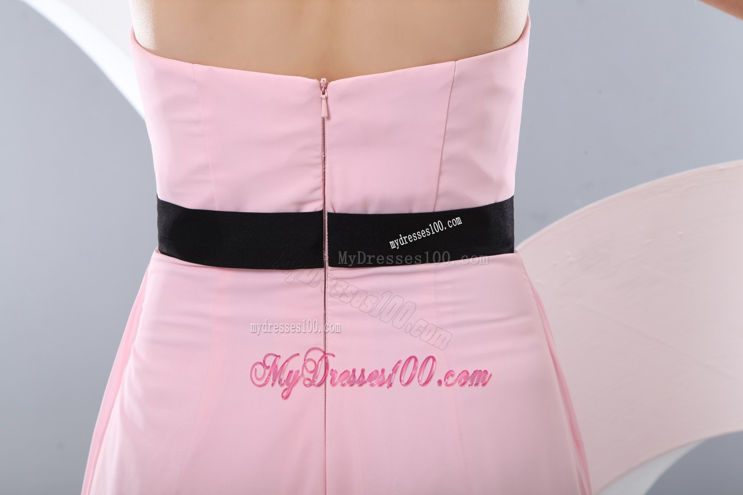 Baby Pink Empire Floor-length Prom Dress with Black Bowknot Sash