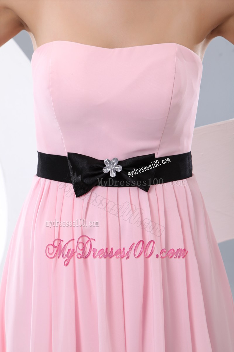 Baby Pink Empire Floor-length Prom Dress with Black Bowknot Sash