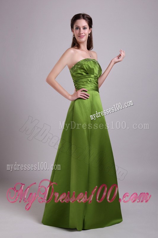 Beaded and Ruched Olive Green Dresses for Prom of Floor-length