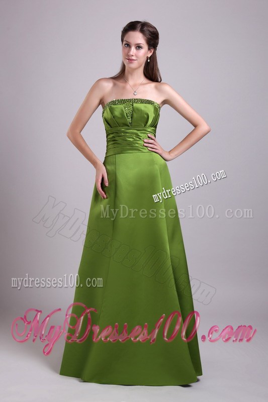 Beaded and Ruched Olive Green Dresses for Prom of Floor-length