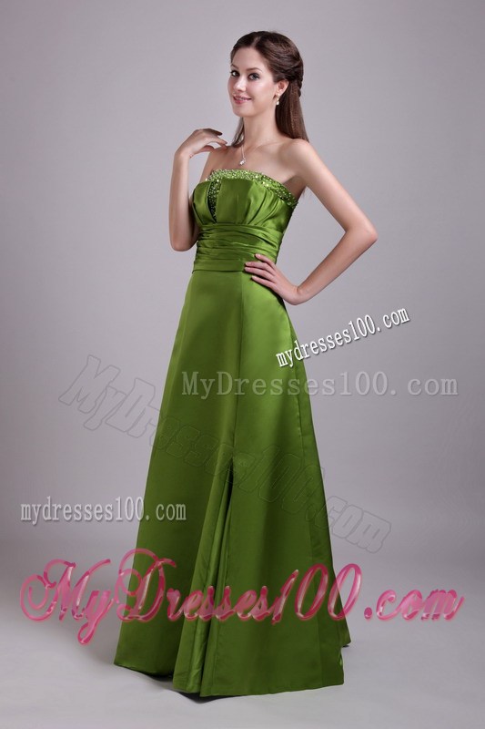 Beaded and Ruched Olive Green Dresses for Prom of Floor-length