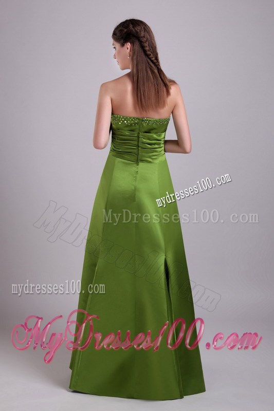 Beaded and Ruched Olive Green Dresses for Prom of Floor-length