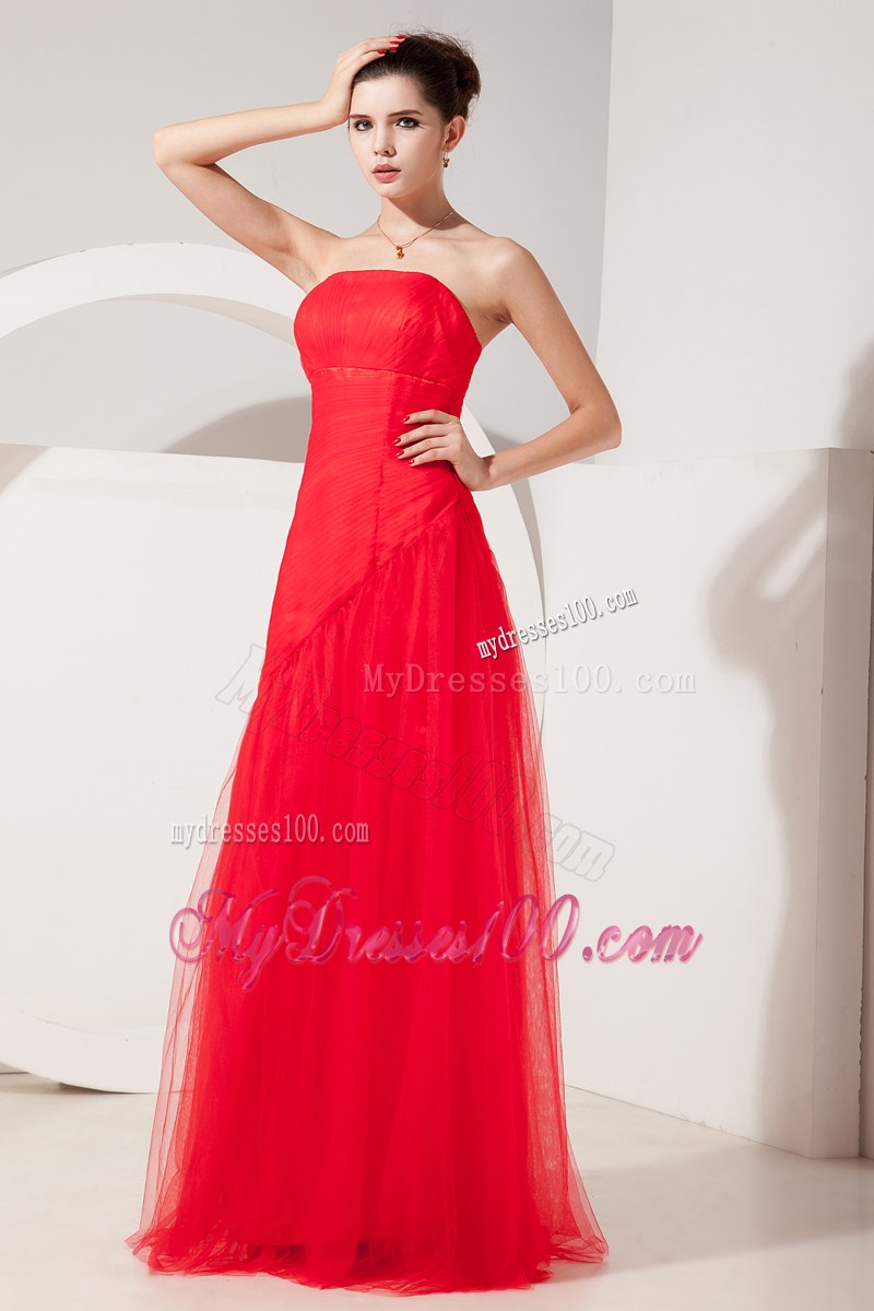Fashionable Strapless Column Tulle Floor-length Prom Dress in Coral Red