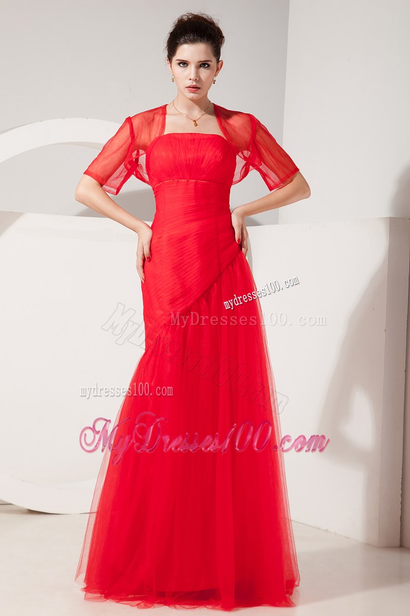 Fashionable Strapless Column Tulle Floor-length Prom Dress in Coral Red