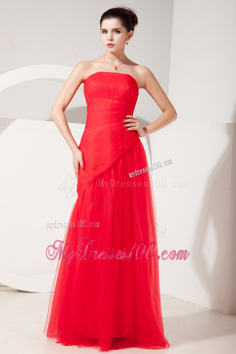 Fashionable Strapless Column Tulle Floor-length Prom Dress in Coral Red